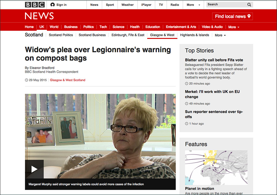 BBC News: Widow's plea over Legionnaire's warning on compost bags